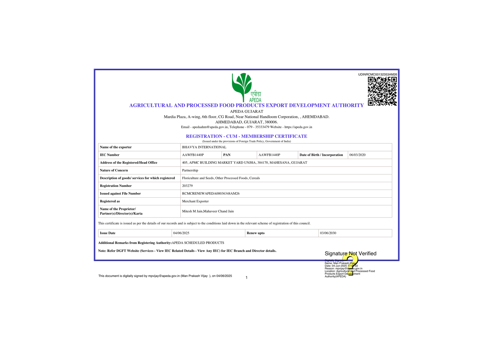 APEDA RCMC